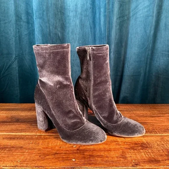 Sam Edelman Calexa Velvet Mid Calf Sock Heeled Bootie Gray - Picture 2 of 11